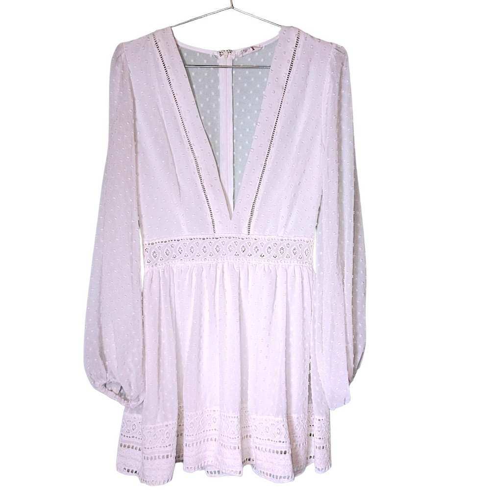 Vanilla Bay White Swiss Dot Deep V-Neck Mini Dress Crochet Lace Long Sleeve M